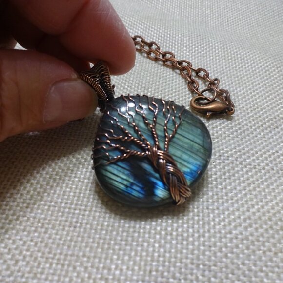 Rustic LABRADORITE Handmade COPPER WIRE-WRAPPED Pendant/Chain #539C - Picture 3 of 3